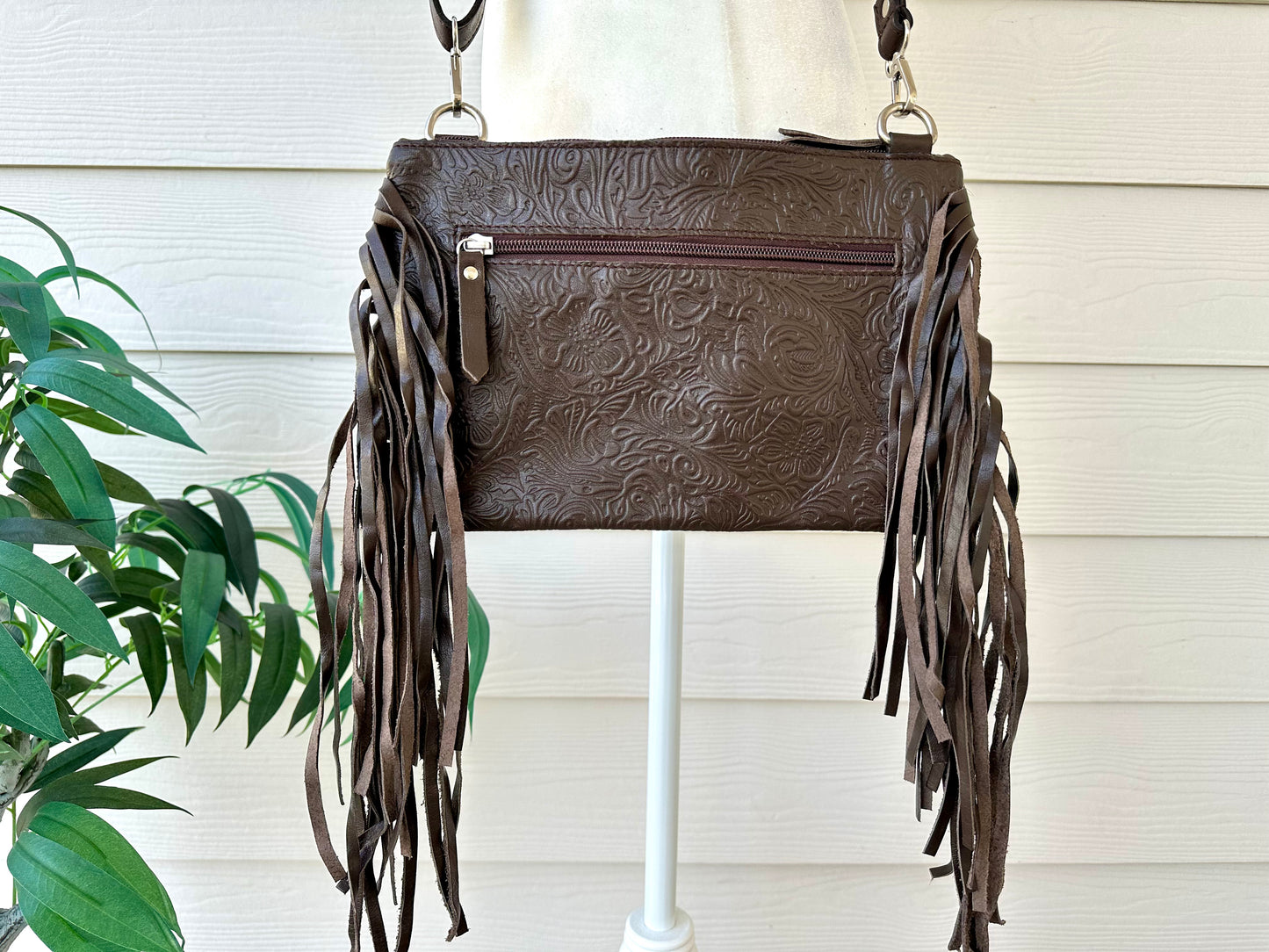 Cowhide Embossed Leather Crossbody With Fringes in Brown AMELIA
