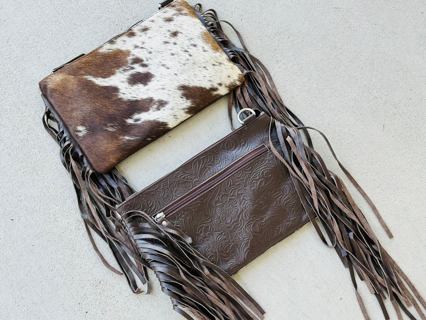 Cowhide Embossed Leather Crossbody With Fringes in Brown AMELIA