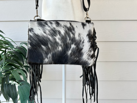 Cowhide Embossed Leather Crossbody With Fringes in Black AMELIA