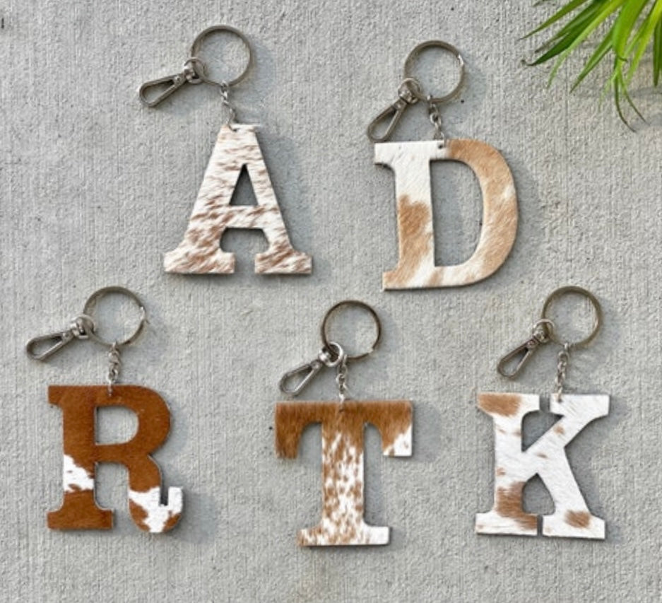Cowhide Initial Keychain in Black, Brown and Tan