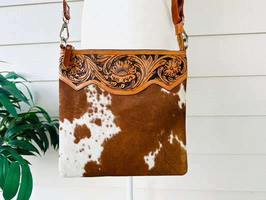 Western Cowhide Tooled Leather Messenger Bag in Tan - RAINBOW