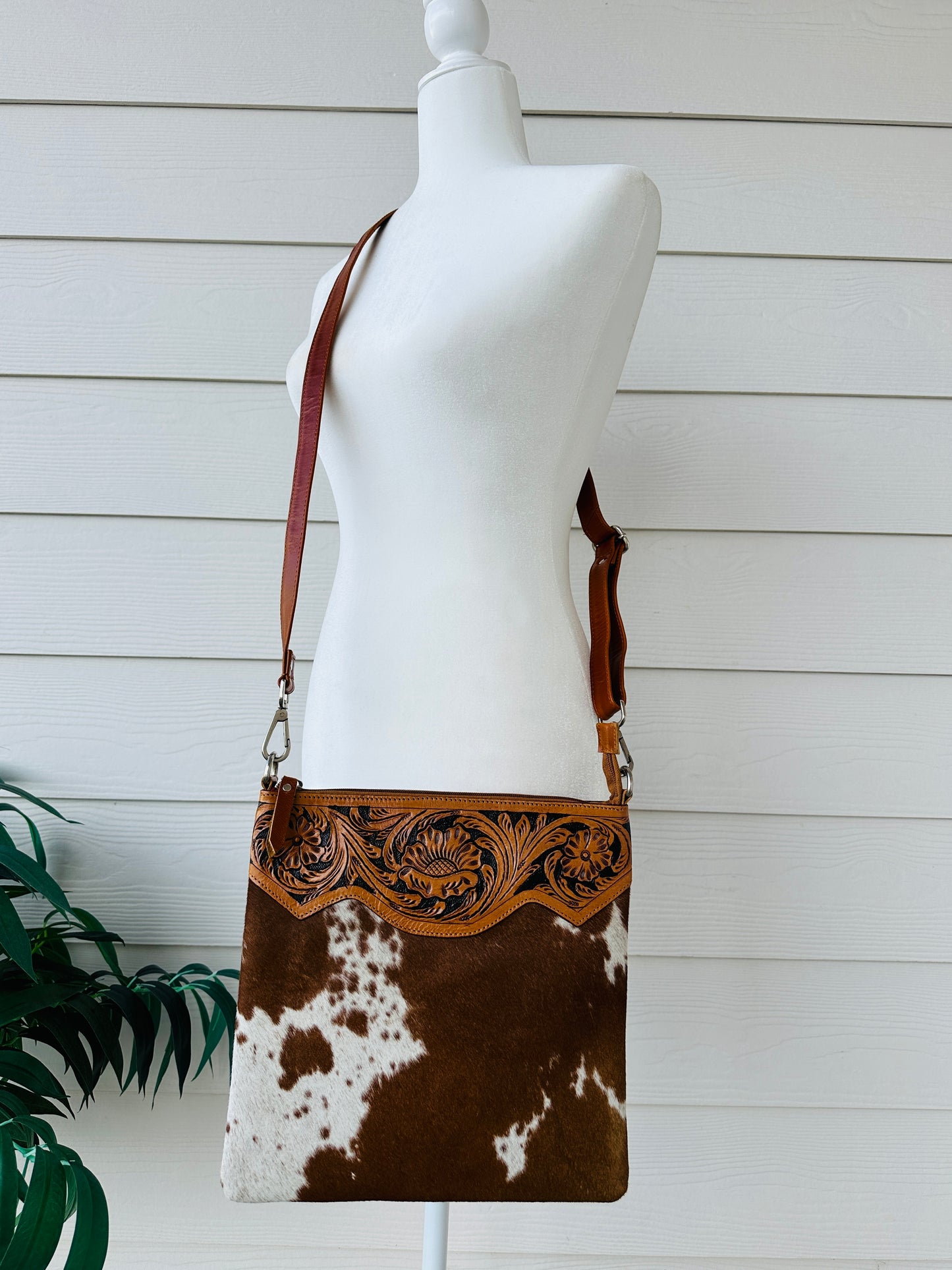 Western Cowhide Tooled Leather Messenger Bag in Tan - RAINBOW
