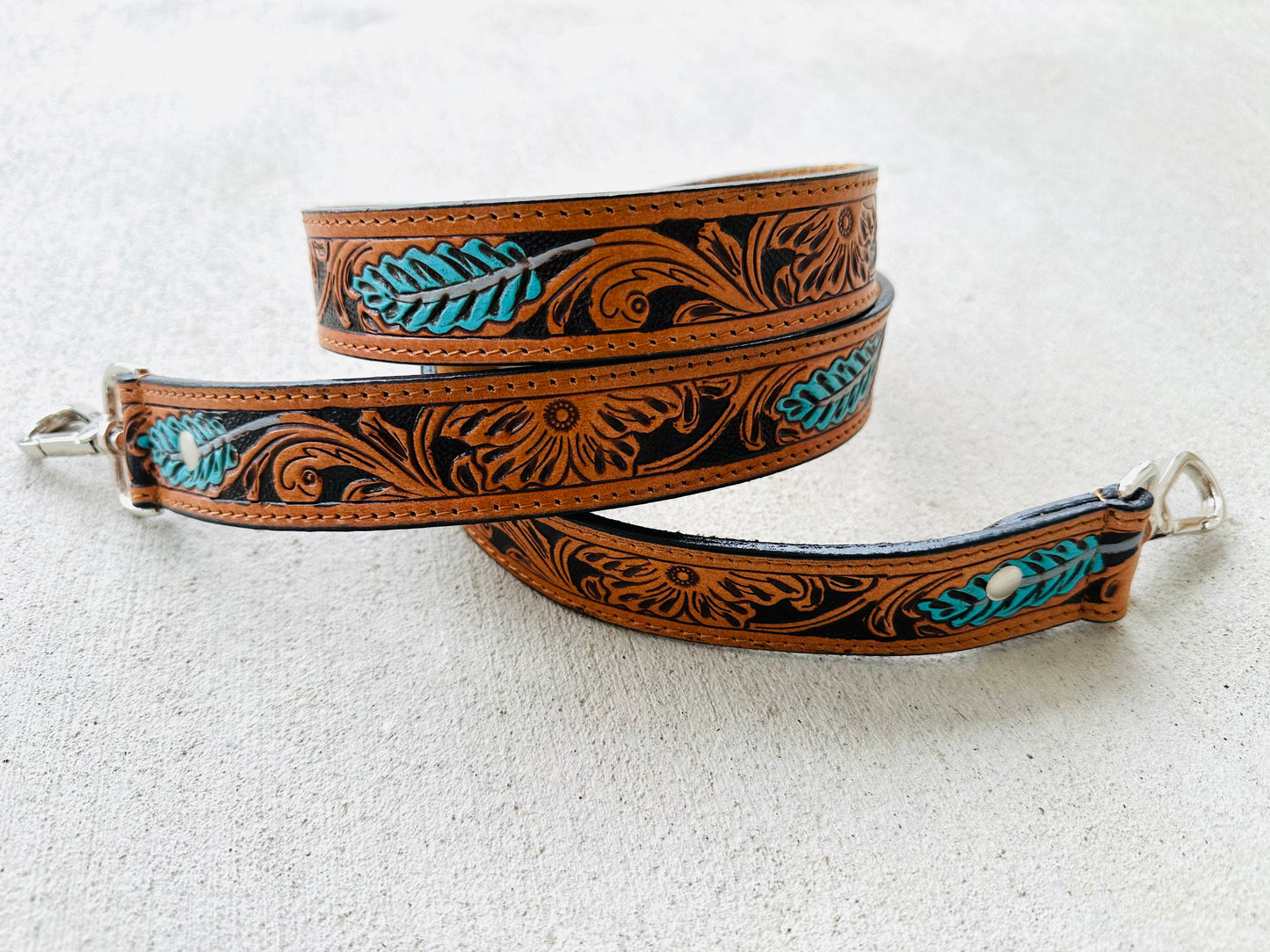 Tooled Leather Crossbody Purse Strap Turquoise Feather