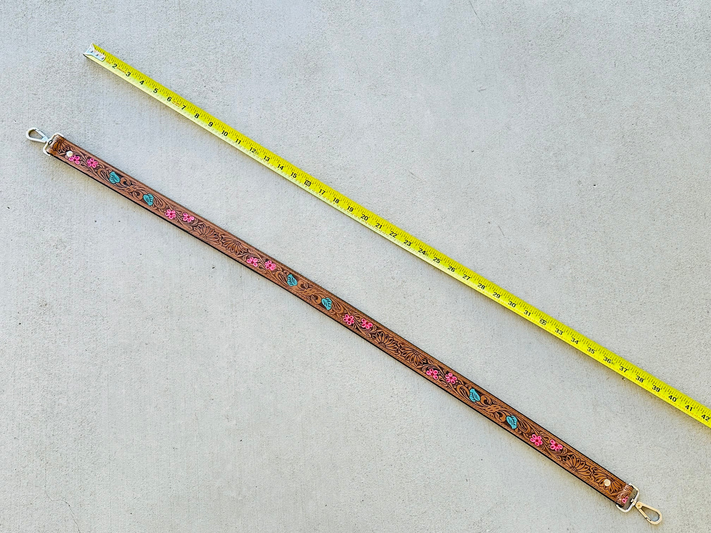 Tooled Leather Crossbody Purse Strap Floral Pink Turquoise