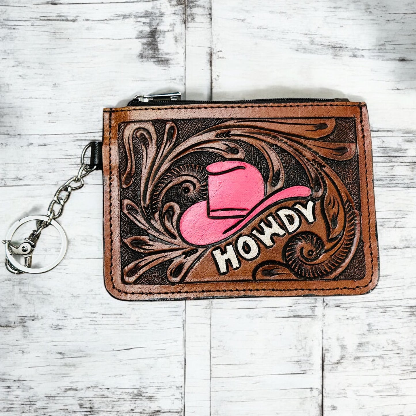 Western Tooled Leather Howdy Mini Wallet ID Card Holder