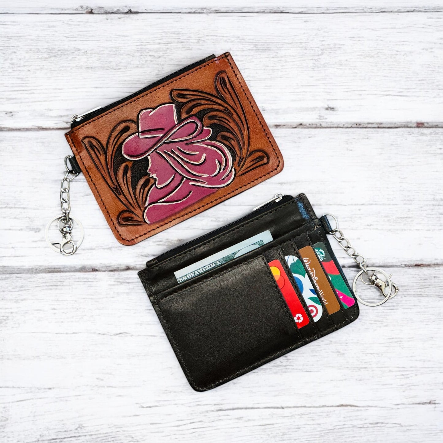 Western Tooled Leather Cowgirl Mini Wallet ID Card Holder