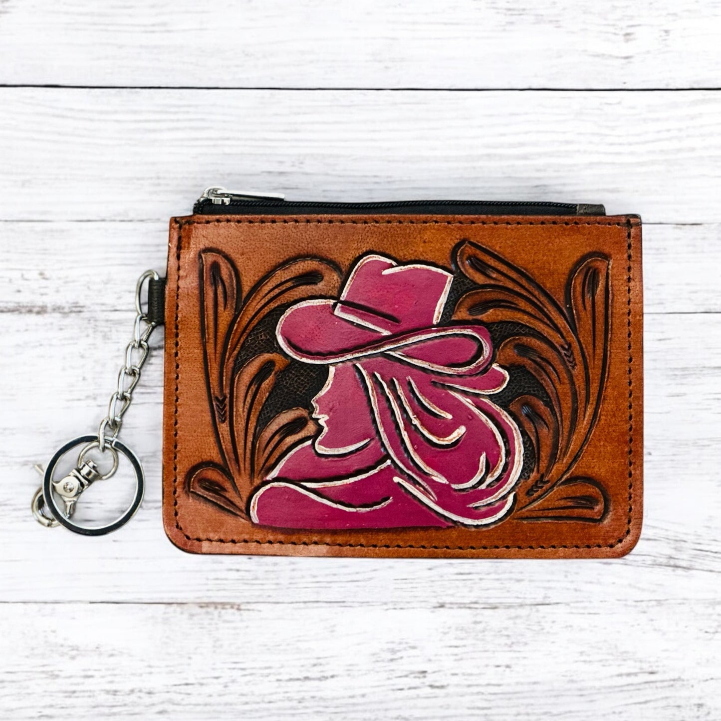 Western Tooled Leather Cowgirl Mini Wallet ID Card Holder