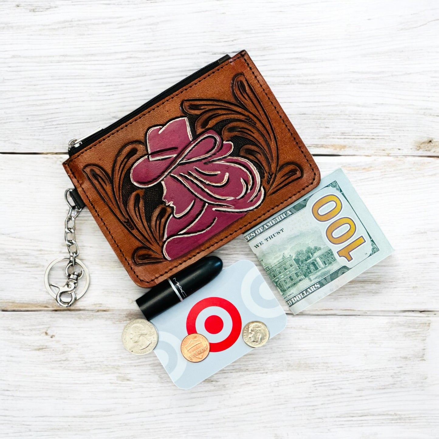 Western Tooled Leather Cowgirl Mini Wallet ID Card Holder