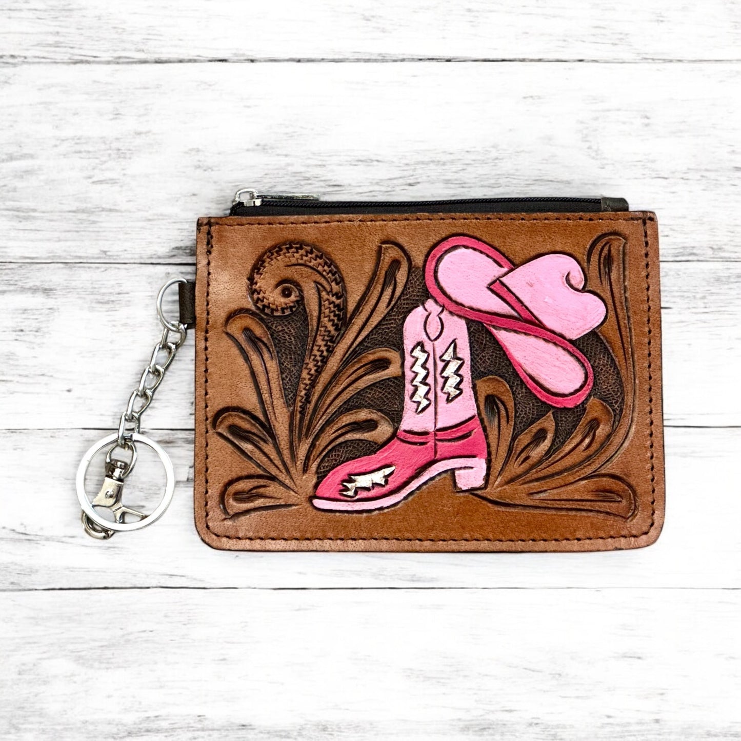 Western Tooled Leather Western Cowgirl Boots and Hat Mini Wallet ID Card Holder
