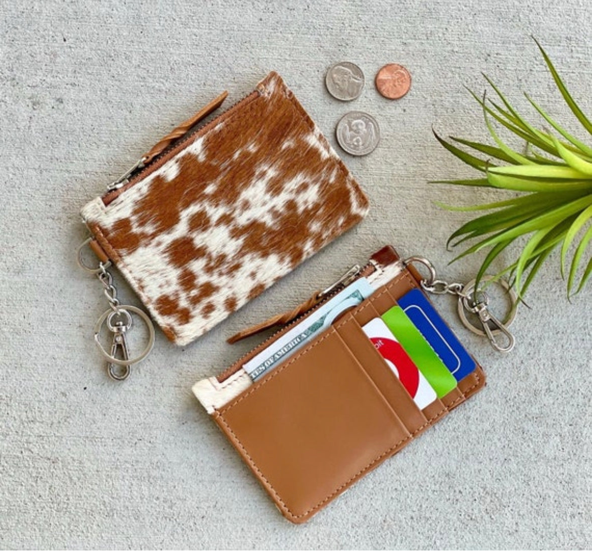 Cowhide Leather Western Wallet Card Holder Keychain Coin Purse in Tan - Amal
