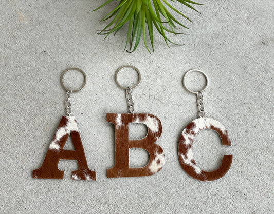 Cowhide Initial Keychain in Black, Brown and Tan