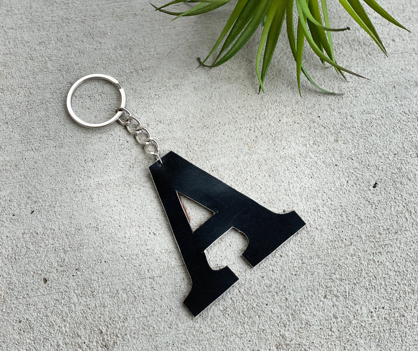 Cowhide Initial Keychain in Black, Brown and Tan