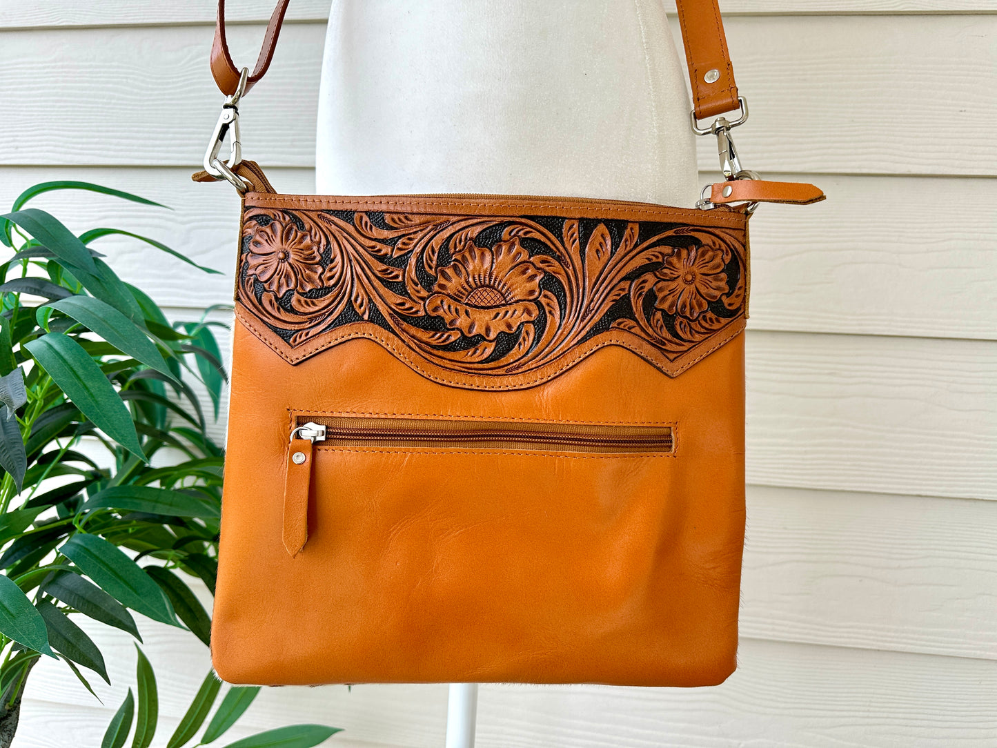 Western Cowhide Tooled Leather Messenger Bag in Tan - RAINBOW