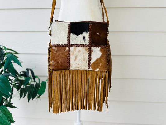 Western Leather Crossbody Bag with Cowhide Patchwork and Fringes - Alice