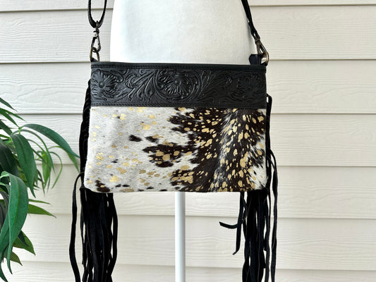 Cowhide Crossbody Bag in Black and Gold with Fringes - Harper