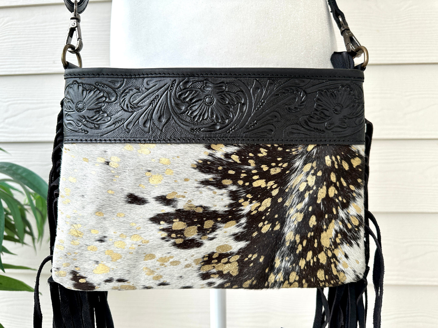 Cowhide Crossbody Bag in Black and Gold with Fringes - Harper
