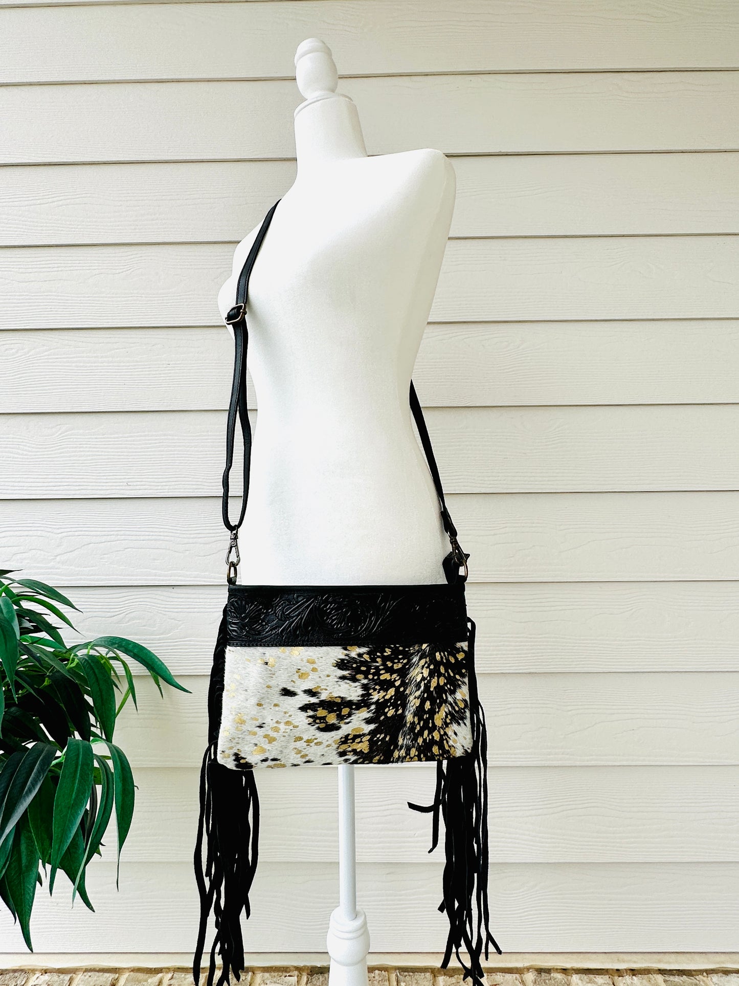 Cowhide Crossbody Bag in Black and Gold with Fringes - Harper