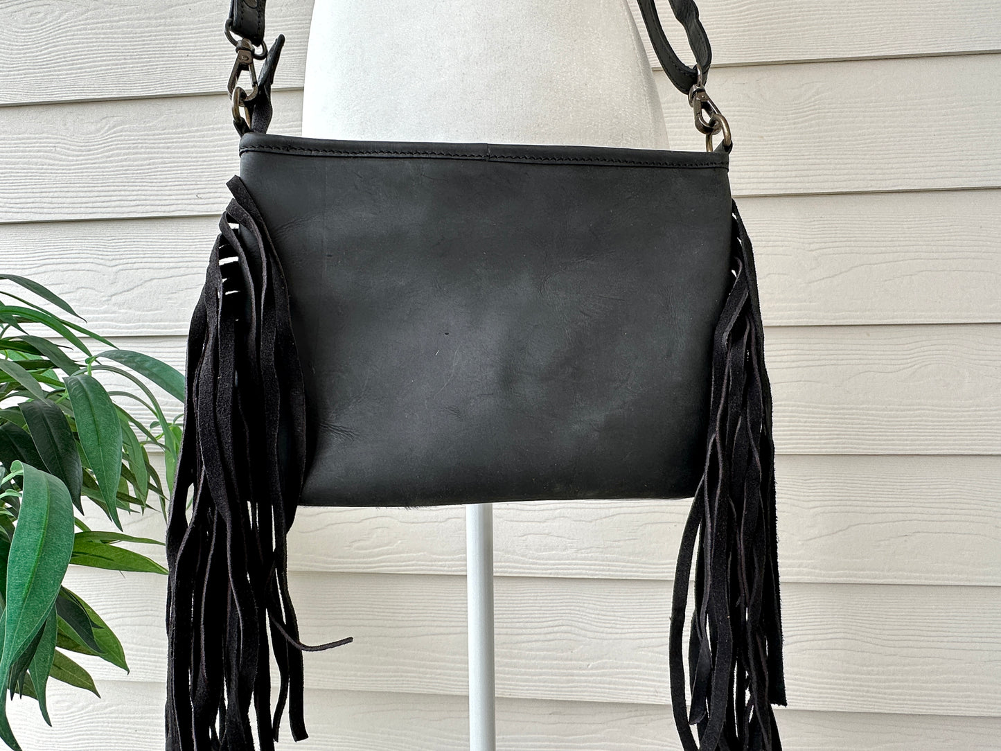 Cowhide Crossbody Bag in Black and Gold with Fringes - Harper