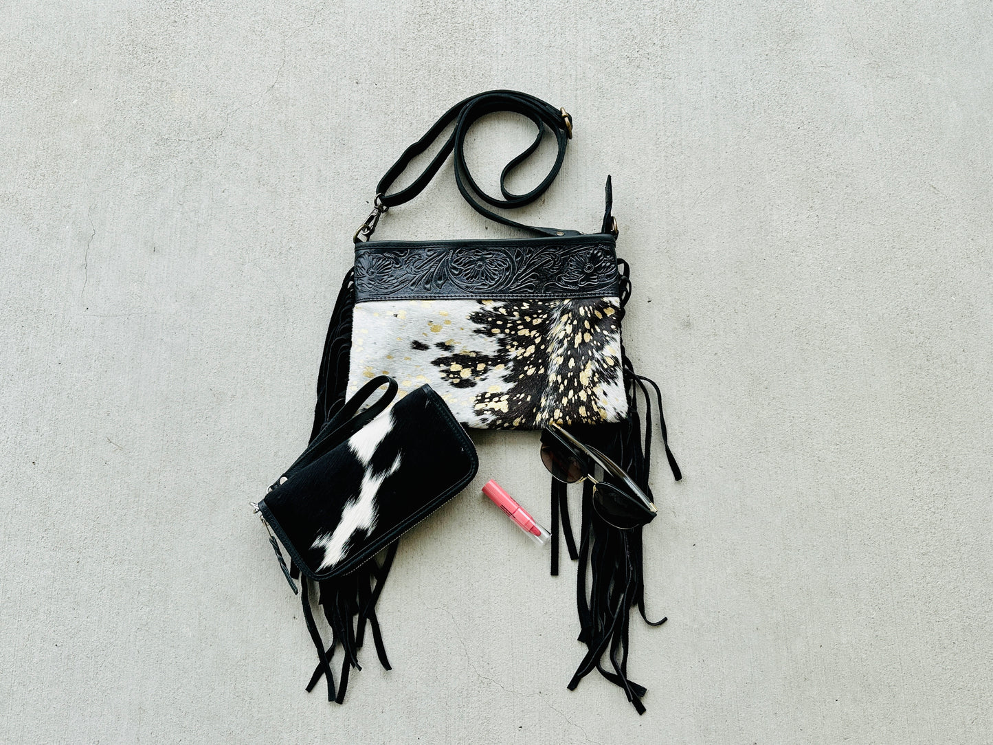 Cowhide Crossbody Bag in Black and Gold with Fringes - Harper