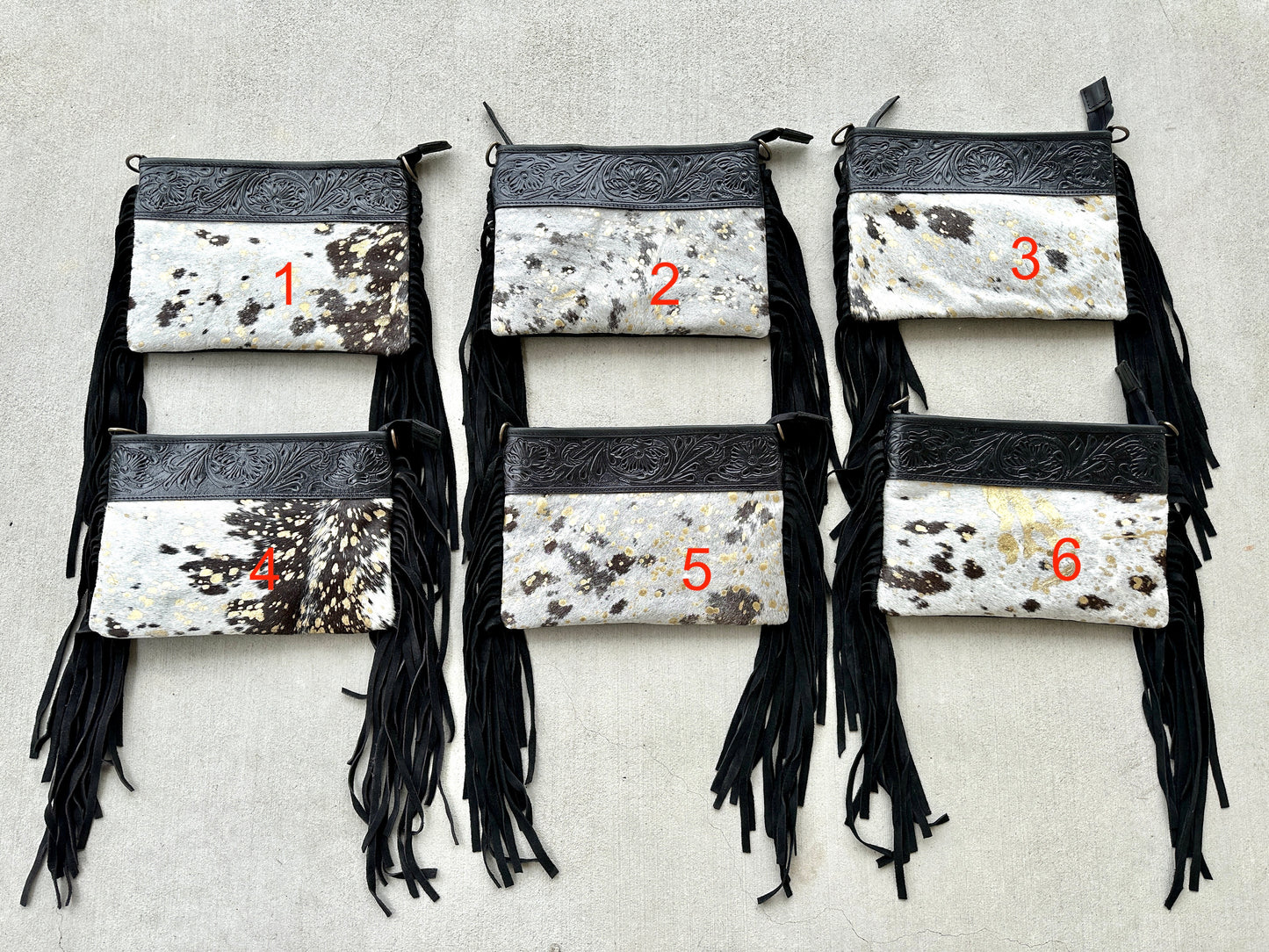 Cowhide Crossbody Bag in Black and Gold with Fringes - Harper