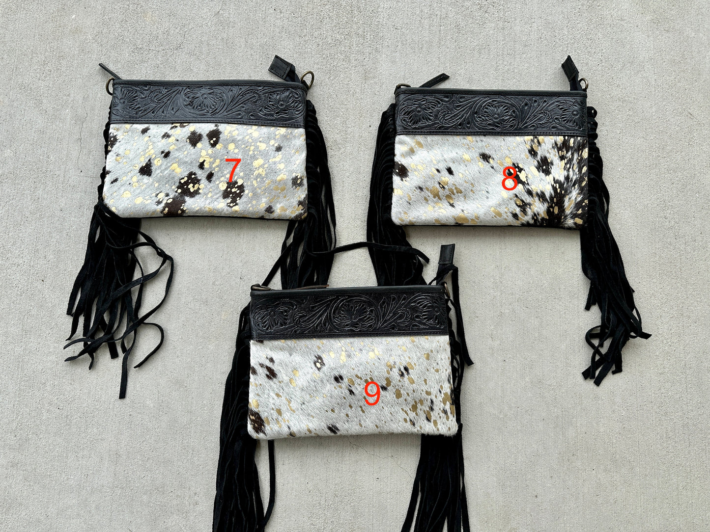 Cowhide Crossbody Bag in Black and Gold with Fringes - Harper