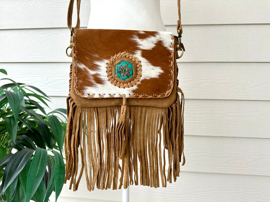 Cowhide Crossbody Purse with Fringes and Turquoise - CLARA