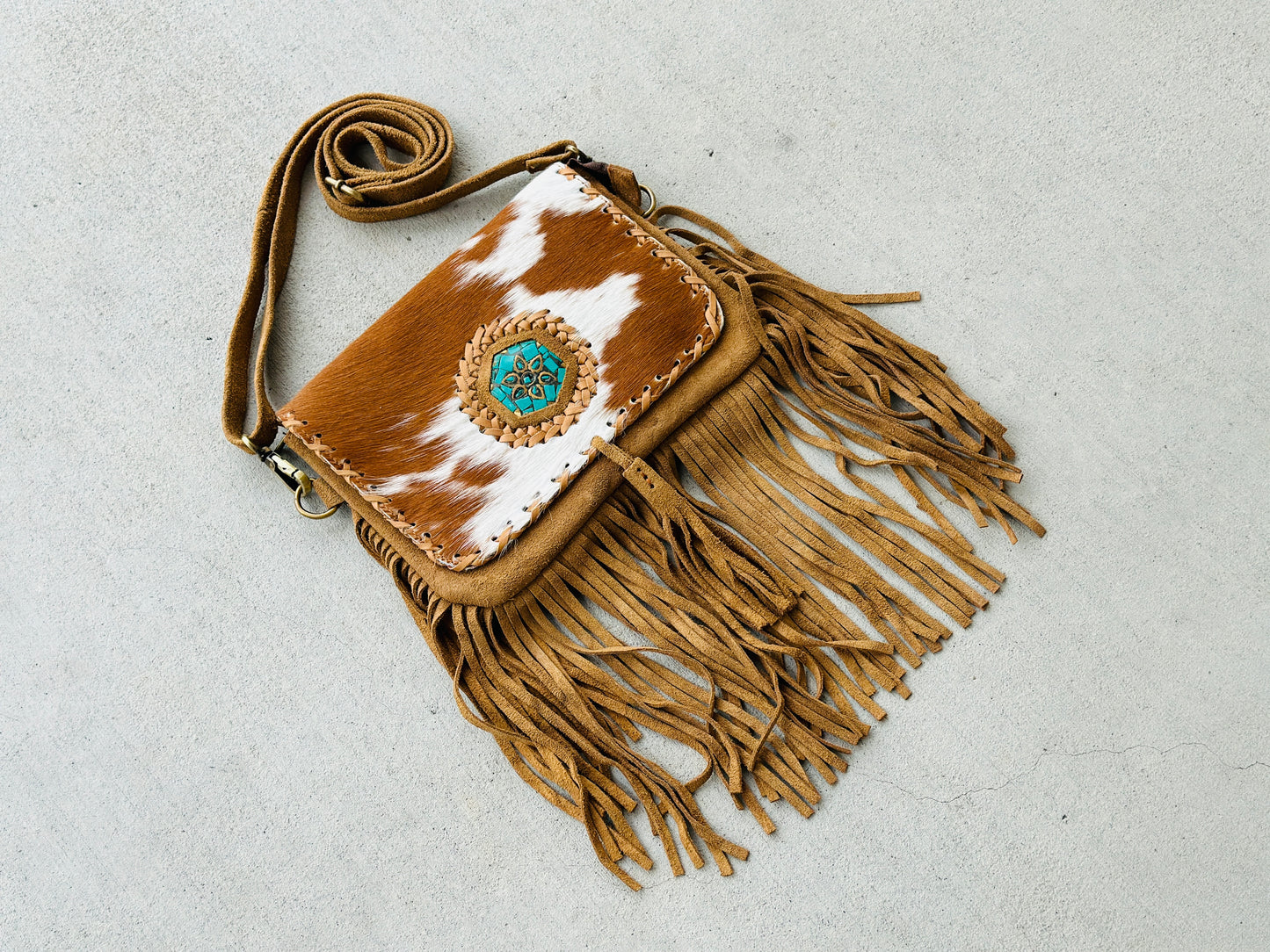 Cowhide Crossbody Purse with Fringes and Turquoise - CLARA