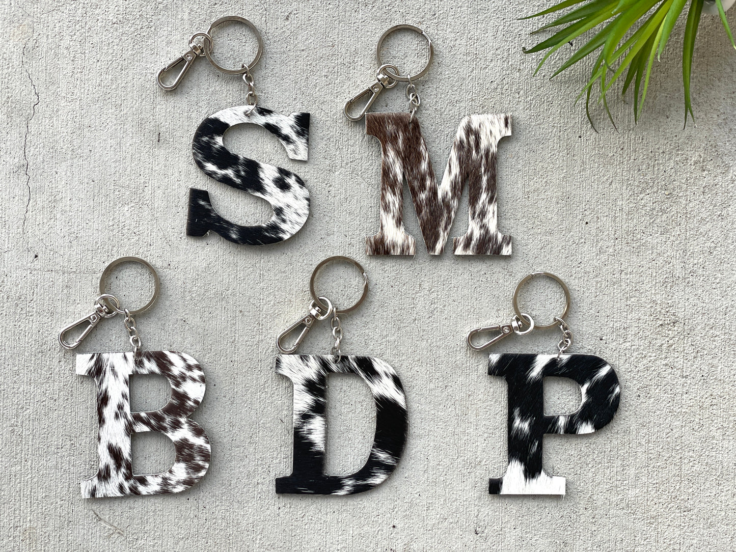 Cowhide Initial Keychain in Black, Brown and Tan