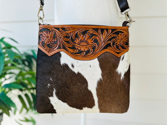 Western Cowhide Tooled Leather Messenger Bag in Brown RAINBOW