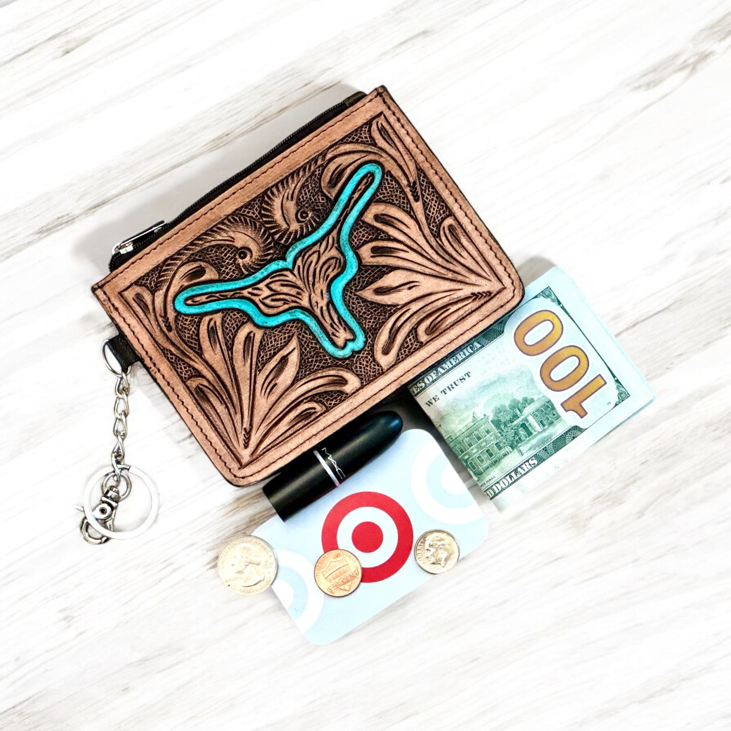 Western Tooled Leather Longhorn Mini Wallet ID Card Holder