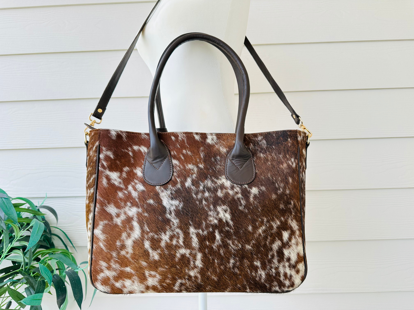 Large Western Cowhide Leather Tote Bag Brown - Olivia