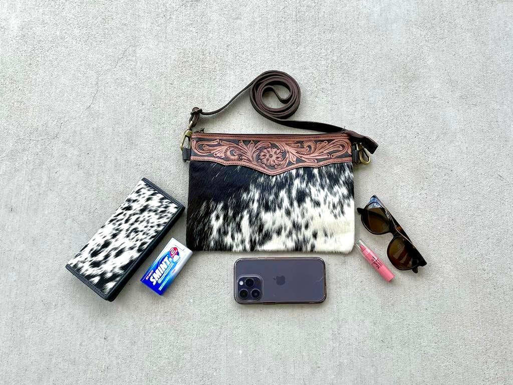 Western Cowhide Tooled Leather Crossbody Purse- Celia