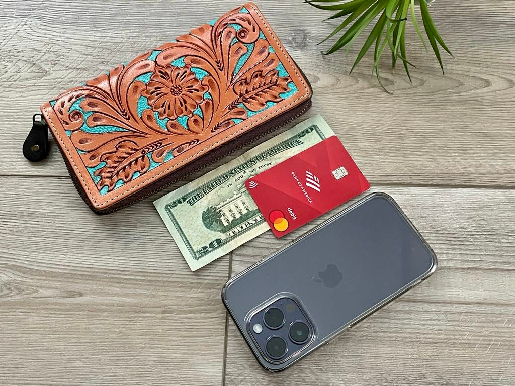 Tooled Leather Zip Wallet In Tan and Turquoise