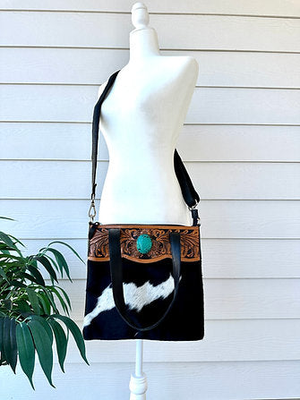 Cowhide Tooled Leather Shoulder Crossbody Bag in Black - Isla