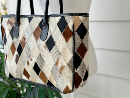 Large Cowhide Patchwork Tote Shoulder Bag -Savannah
