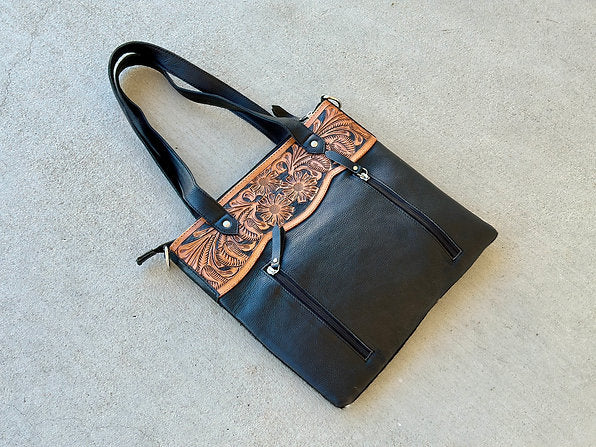 Cowhide Tooled Leather Shoulder Crossbody Bag in Black - Isla