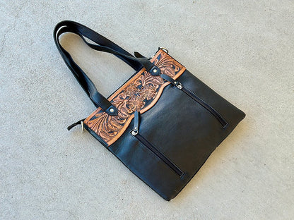 Cowhide Tooled Leather Shoulder Crossbody Bag in Black - Isla