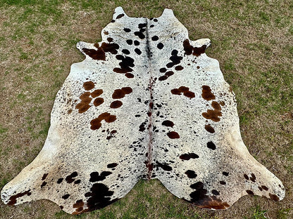 Large Cowhide Rug Tricolor Brown Western Decor 6.5 x 6 ft