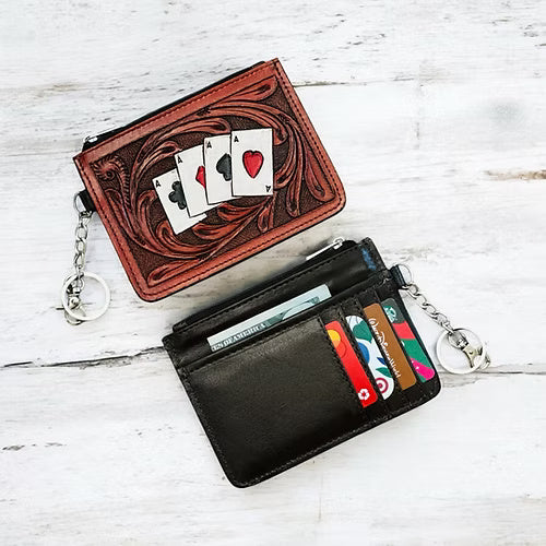 Western Tooled Leather Aces Cards Mini Wallet ID Card Holder
