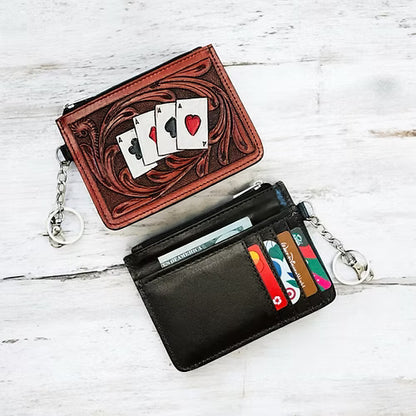 Western Tooled Leather Aces Cards Mini Wallet ID Card Holder