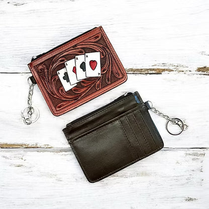 Western Tooled Leather Aces Cards Mini Wallet ID Card Holder