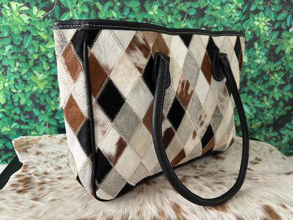 Large Cowhide Patchwork Tote Shoulder Bag -Savannah