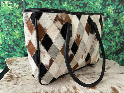 Large Cowhide Patchwork Tote Shoulder Bag -Savannah
