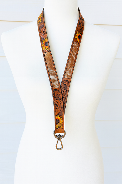 Sunflower Cowhide Lanyard | Tooled Leather Western ID Holder