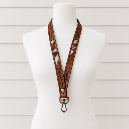 Tooled Leather Cowhide Lanyard | Western Hair-On Hide ID Holder