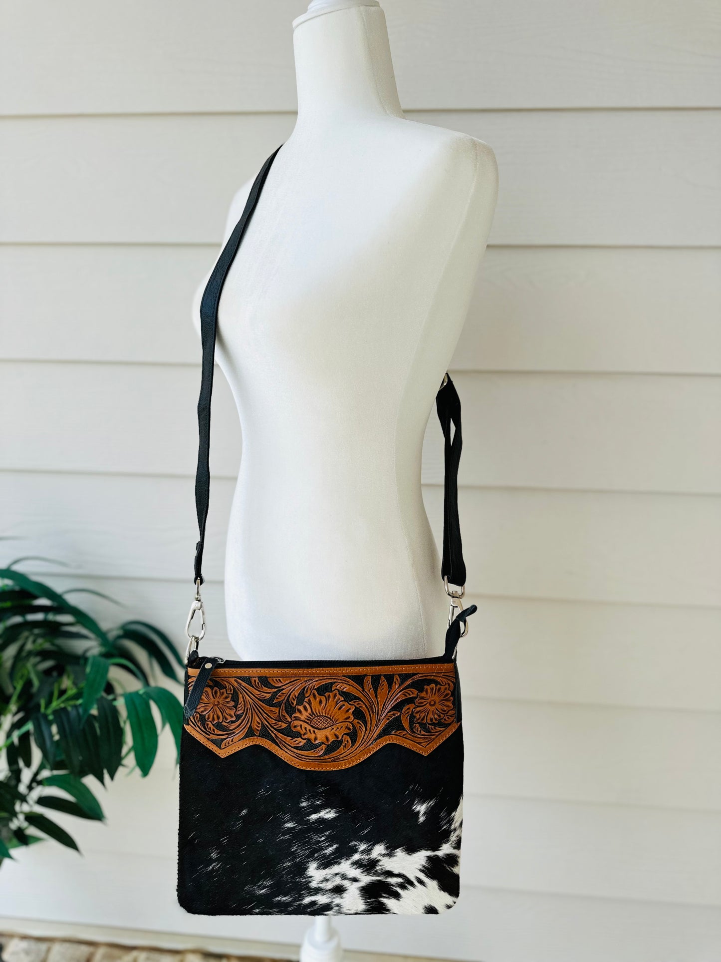 Black Western Cowhide Tooled Leather Messenger Bag - RAINBOW