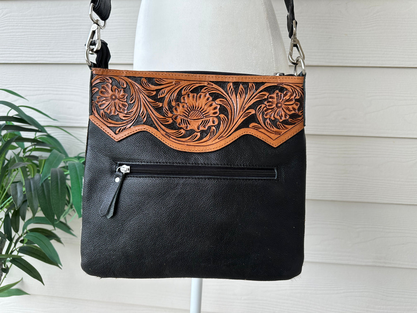 Black Western Cowhide Tooled Leather Messenger Bag - RAINBOW