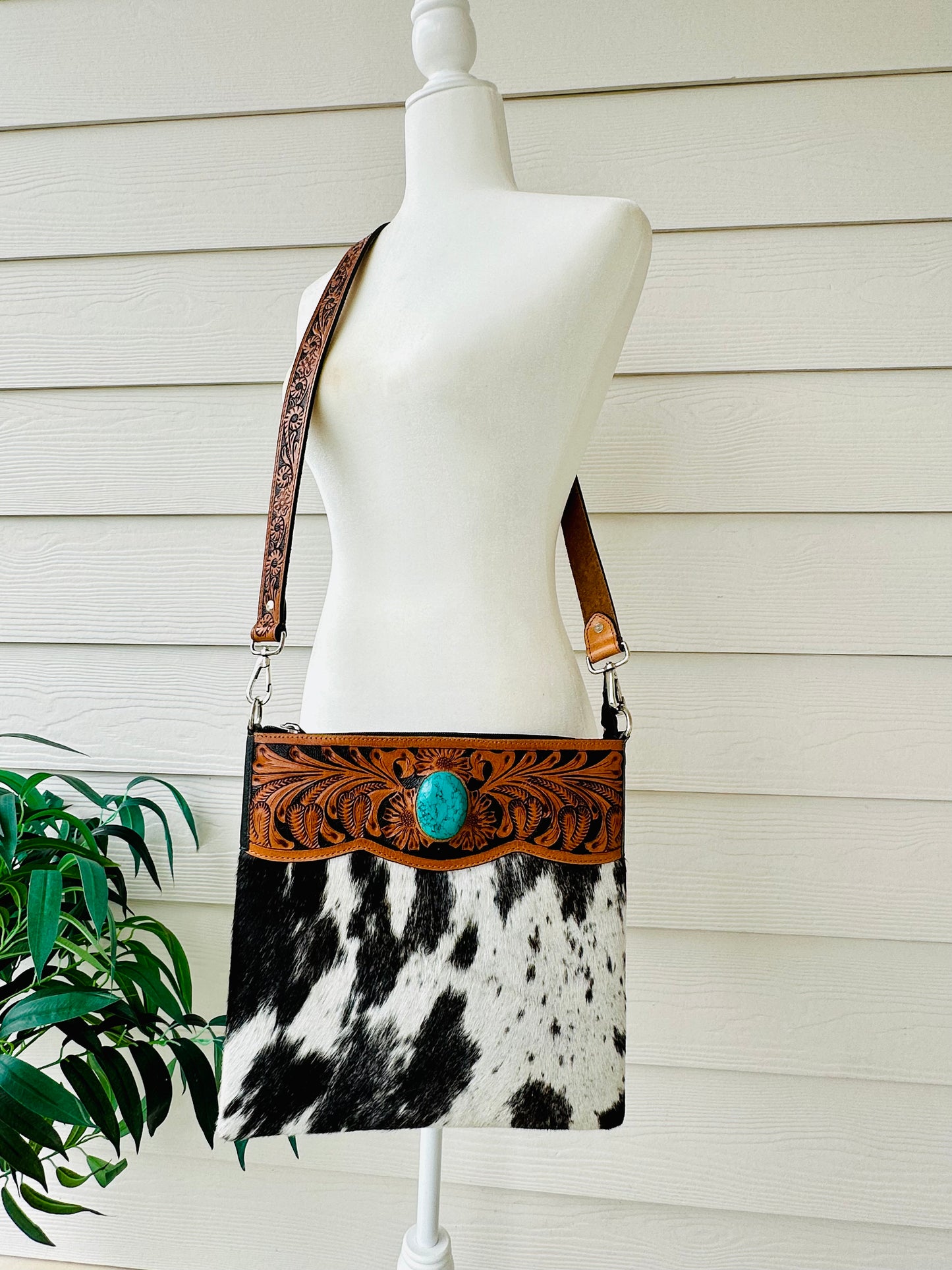 Western Cowhide Crossbody with Black Tooled Leather and Turquoise REMI