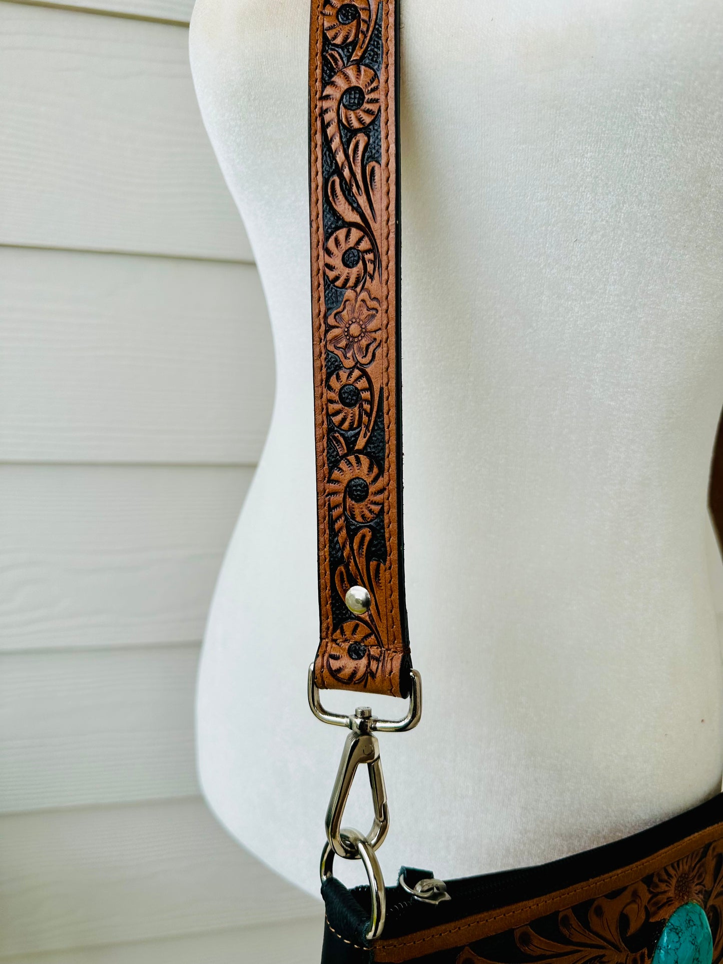 Western Cowhide Bag with Tooled Brown Leather and Turquoise REMI
