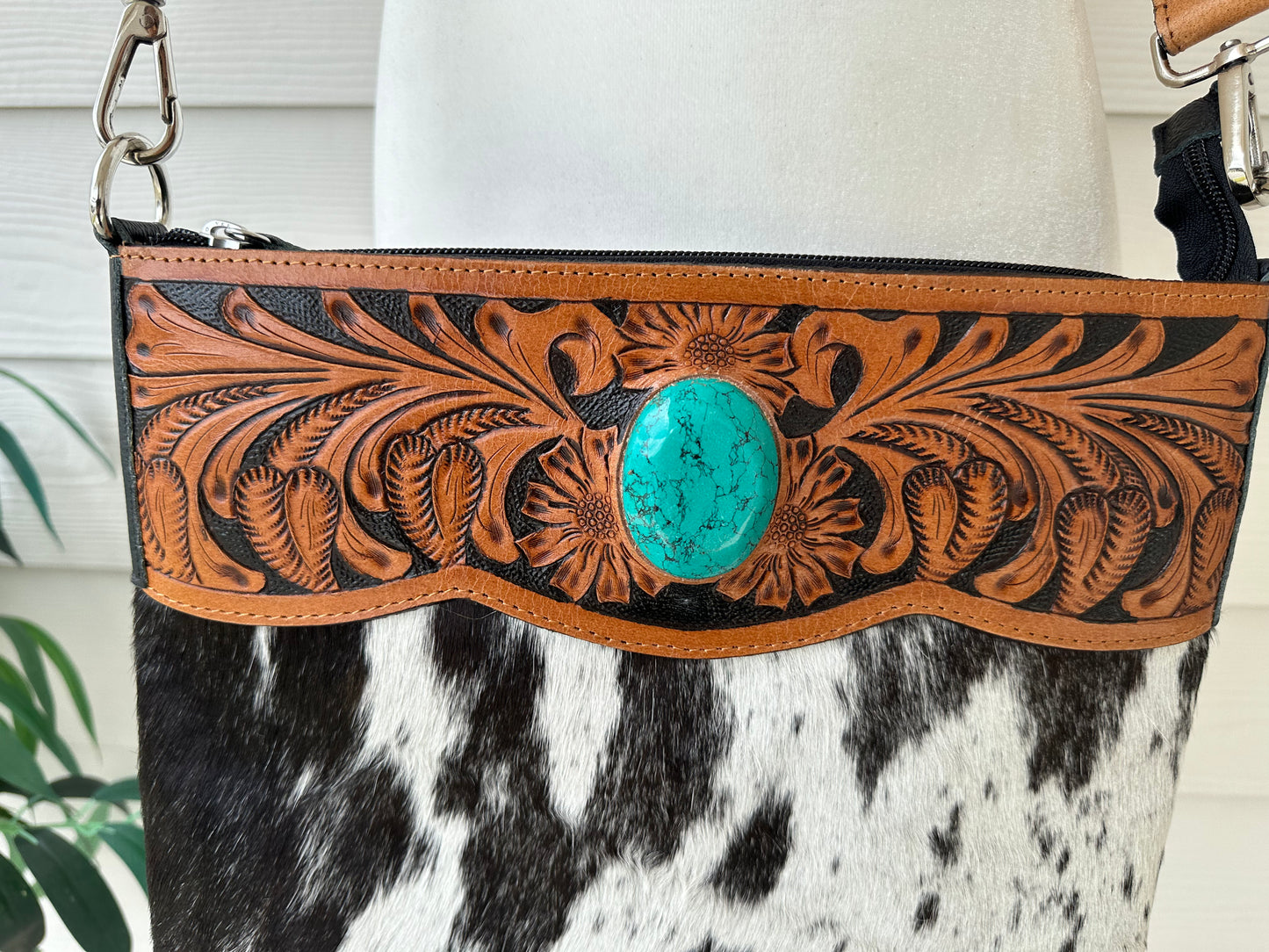 Western Cowhide Crossbody with Black Tooled Leather and Turquoise REMI